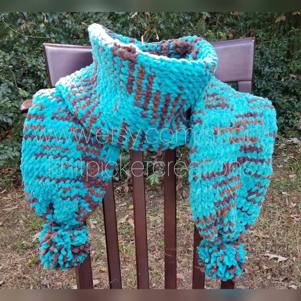 Turquoise & Brown Blanket Thick Scarf w/Pom Poms